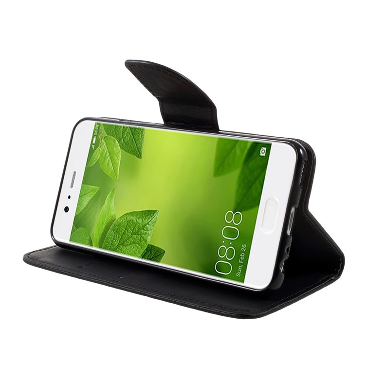 Stone Grain Leather Wallet Stand Case with Strap for Huawei P10 - Black-4