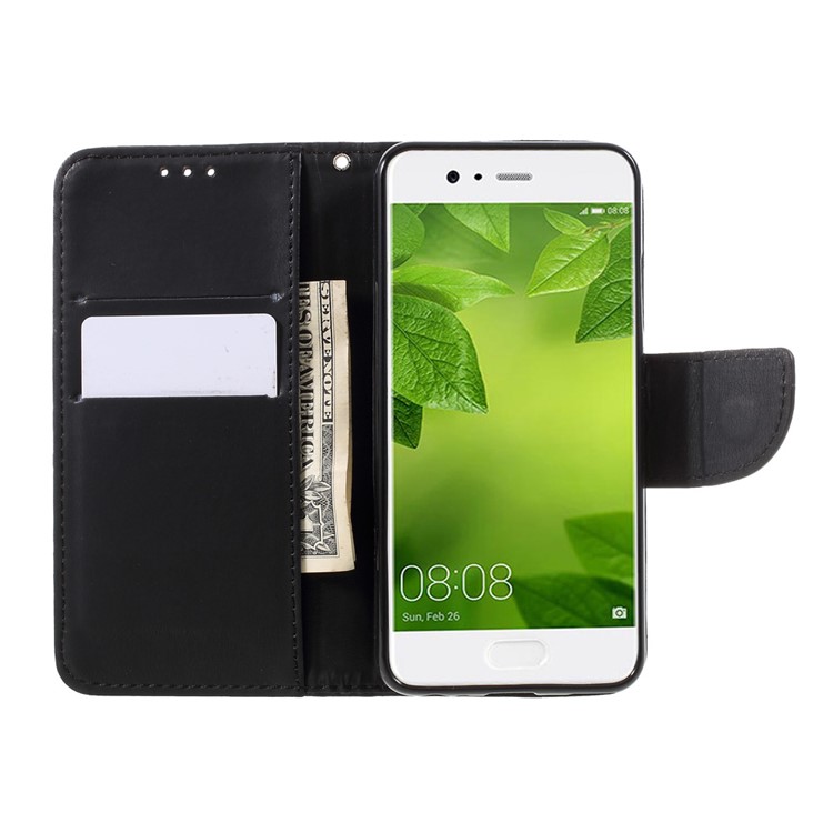 Stone Grain Leather Wallet Stand Case with Strap for Huawei P10 - Black-6