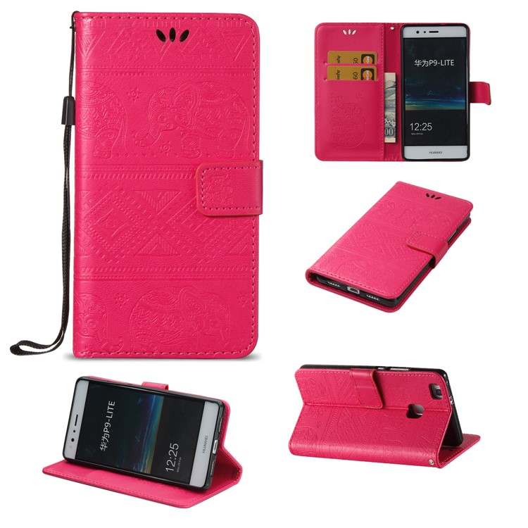 Imprint Elephant Geometric Pattern Leather Wallet Case for Huawei P9 Lite / G9 Lite - Rose-1