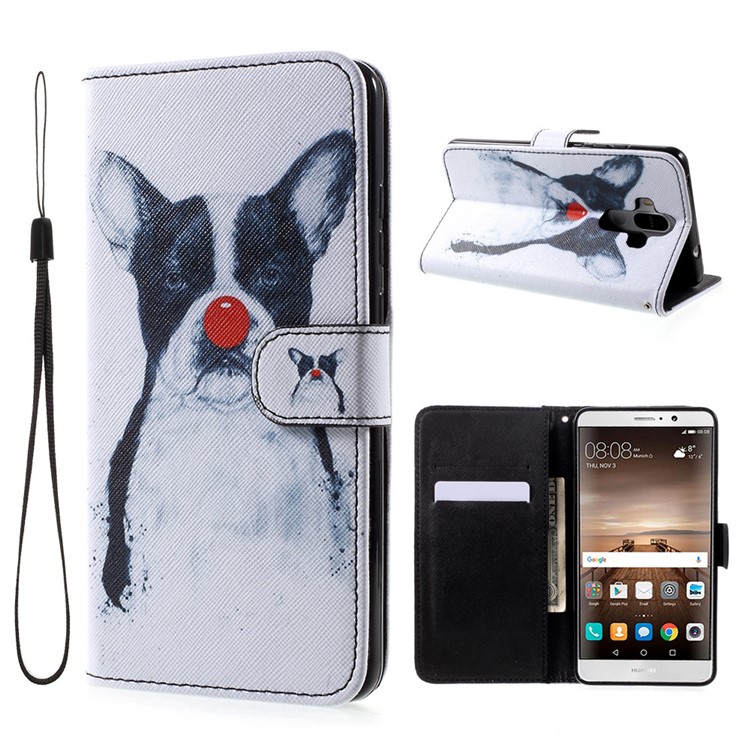 Patterned Leather Wallet Case with Strap for Huawei Mate 9 - Red Nose Dog-1