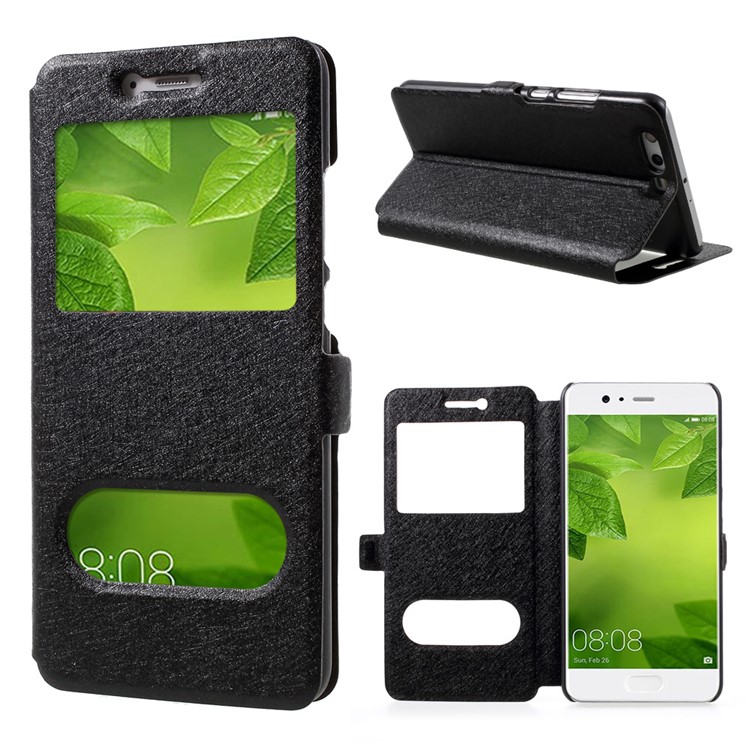 For Huawei P10 Plus Silk Texture Dual Window Stand Leather Phone Case - Black-1