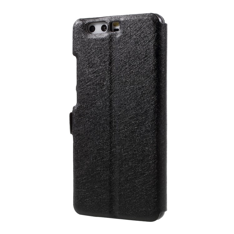 For Huawei P10 Plus Silk Texture Dual Window Stand Leather Phone Case - Black-2