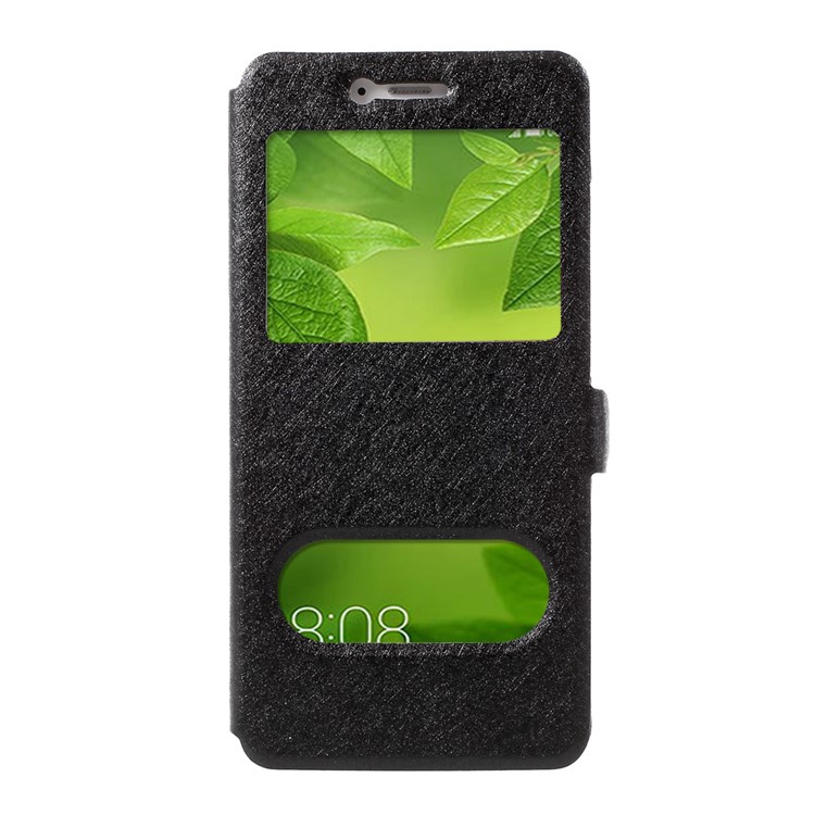 For Huawei P10 Plus Silk Texture Dual Window Stand Leather Phone Case - Black-3