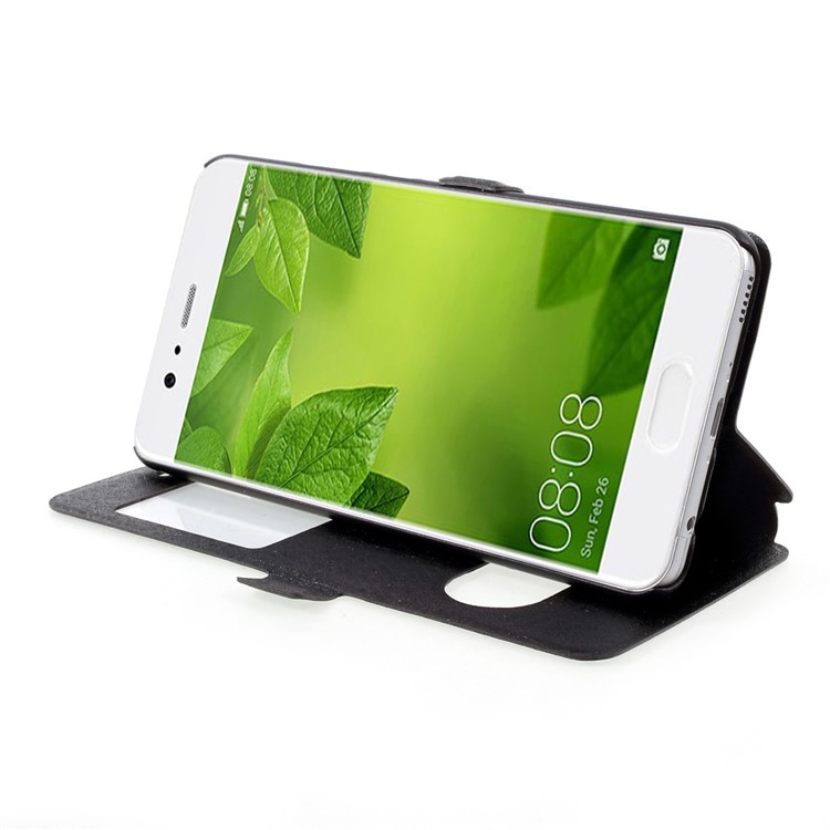 For Huawei P10 Plus Silk Texture Dual Window Stand Leather Phone Case - Black-4