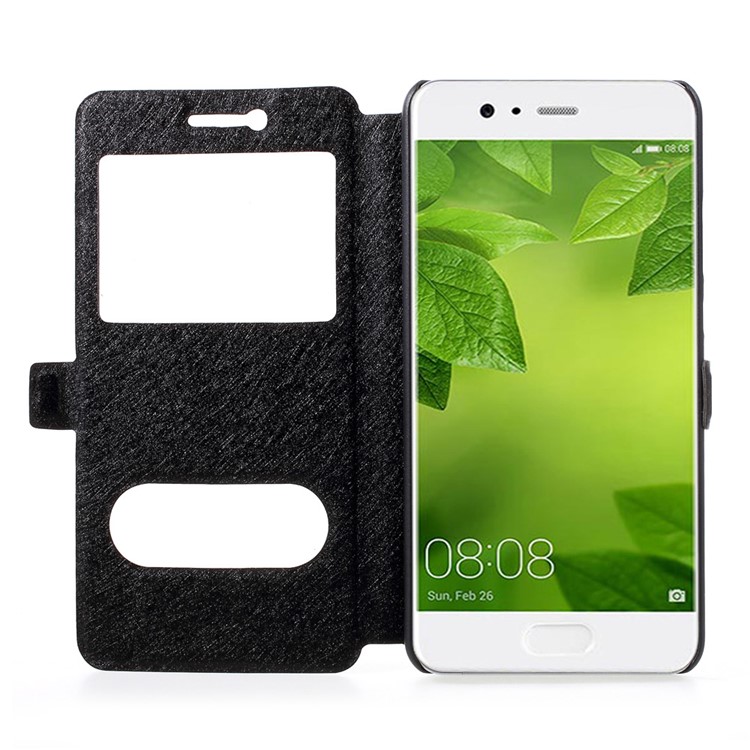 For Huawei P10 Plus Silk Texture Dual Window Stand Leather Phone Case - Black-6