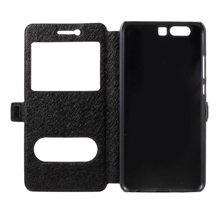 For Huawei P10 Plus Silk Texture Dual Window Stand Leather Phone Case - Black-9