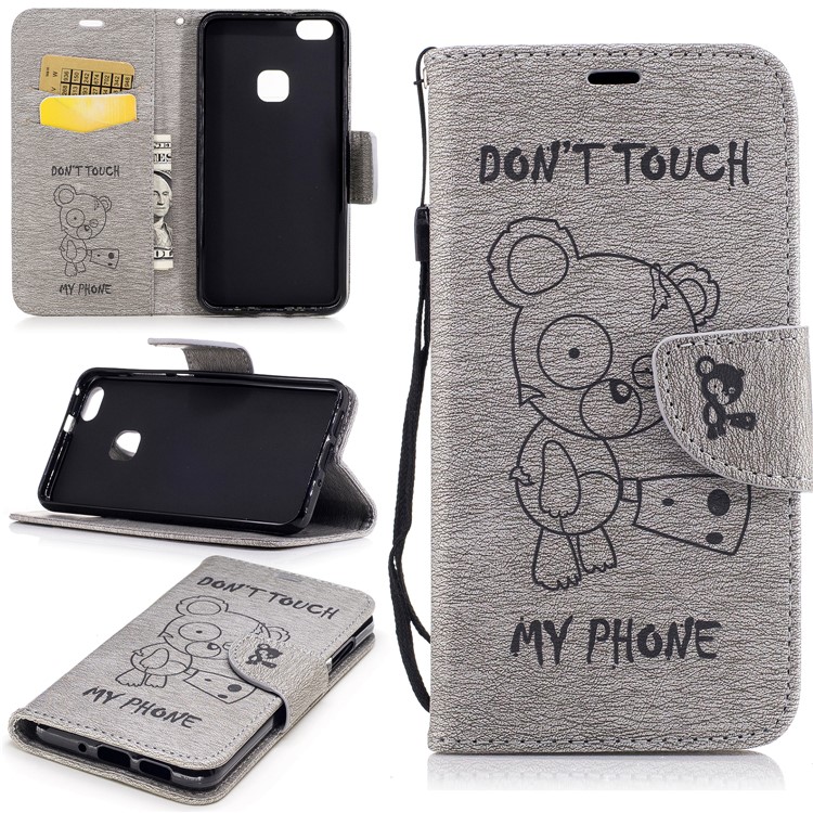 Imprint Bear Wallet Leather Stand Caso para Huawei P10 Lite - Cinza-1