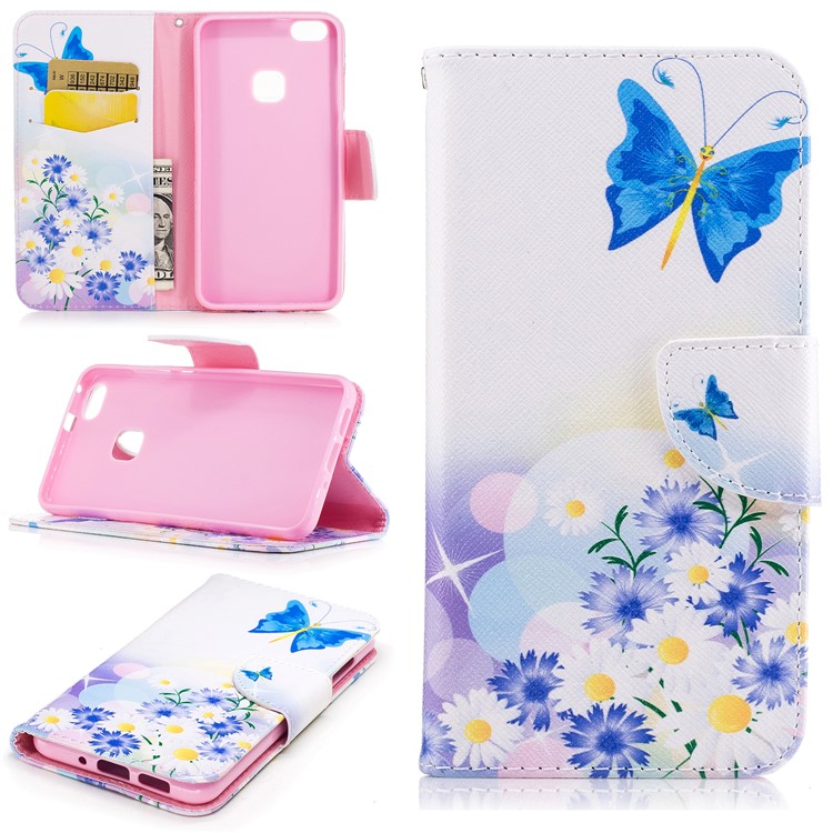 Portefeuille imprimé en carton Magnetic Case pour Huawei P10 Lite - Blue Butterfly and Flowers-1