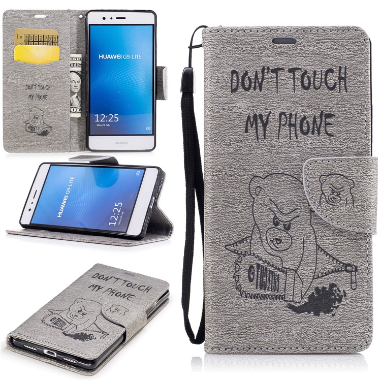 Imprinted Bear Warning Words Leather Wallet Case with Lanyard for Huawei P9 Lite/G9 Lite - Grey-1
