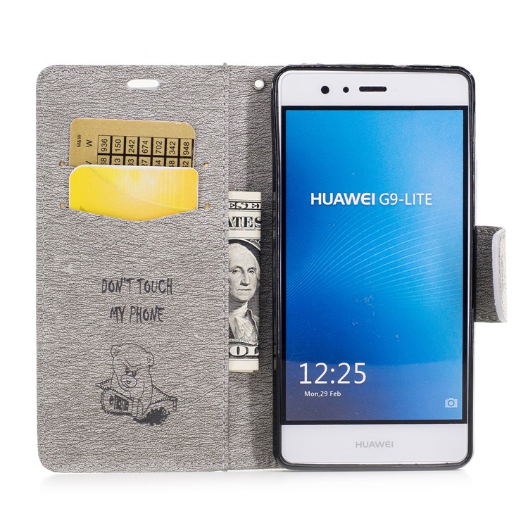 Imprinted Bear Warning Words Leather Wallet Case with Lanyard for Huawei P9 Lite/G9 Lite - Grey-8
