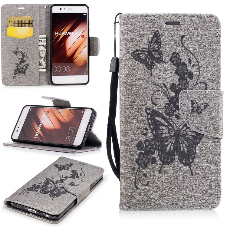 For Huawei P10 Imprinted Butterflies Flowers Wallet Leather Stand Case - Grey-1