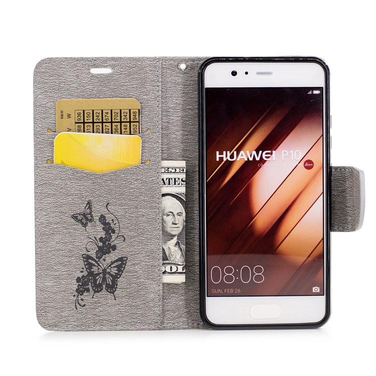 For Huawei P10 Imprinted Butterflies Flowers Wallet Leather Stand Case - Grey-8