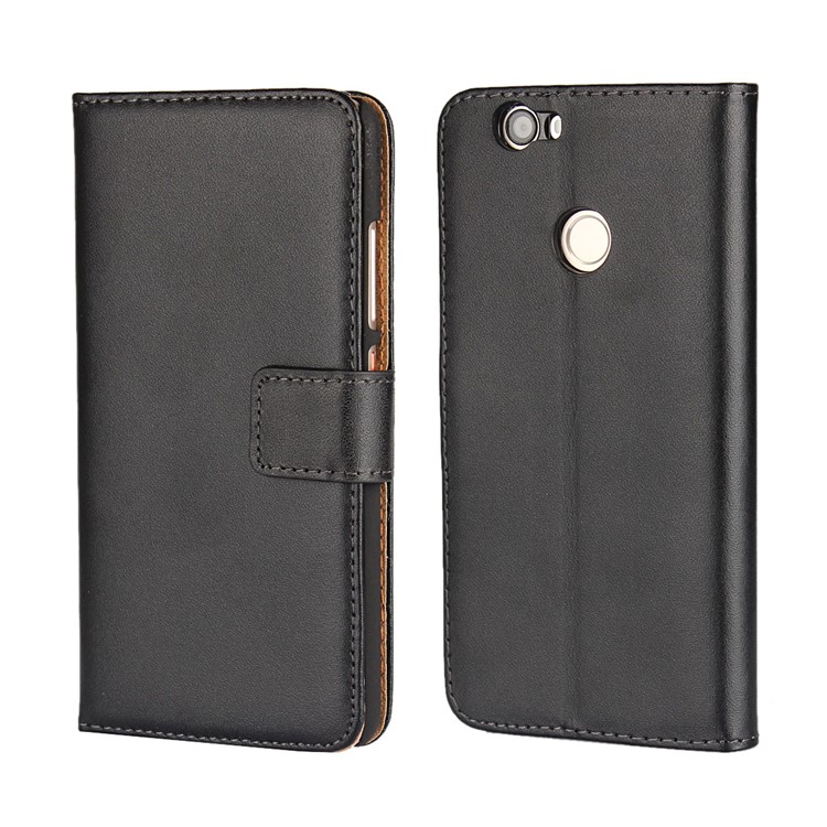 For Huawei nova Genuine Split Leather Wallet Stand Protective Case - Black-1