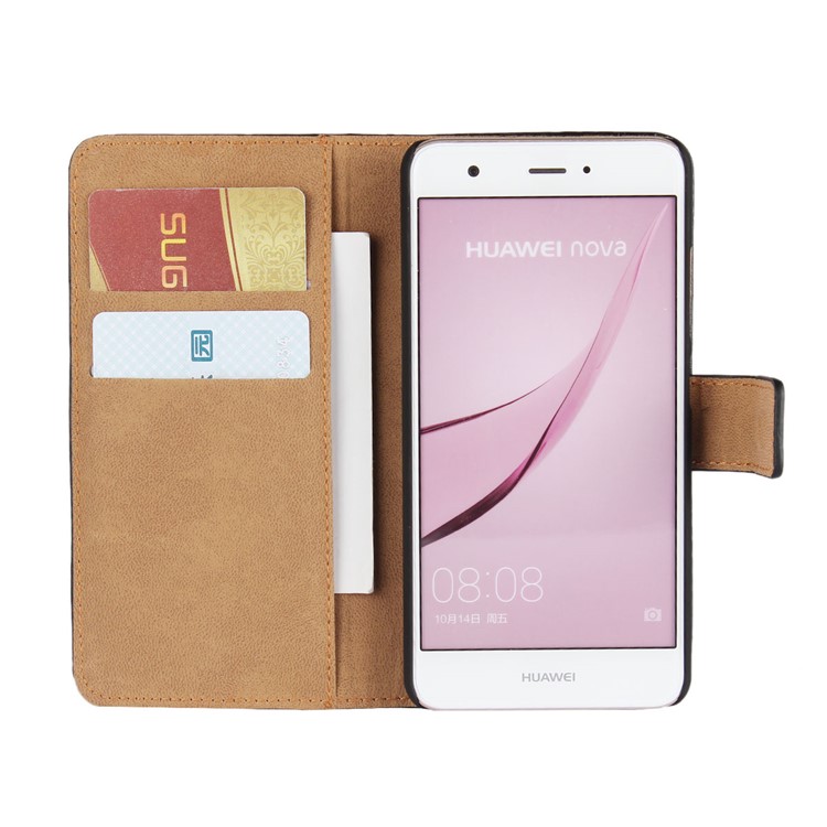 For Huawei nova Genuine Split Leather Wallet Stand Protective Case - Black-4