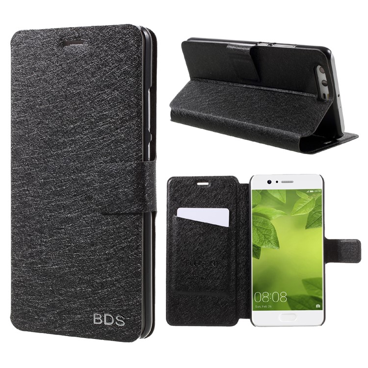 Silk Texture Leather Stand Card Slot Case for Huawei P10 Plus - Black-1