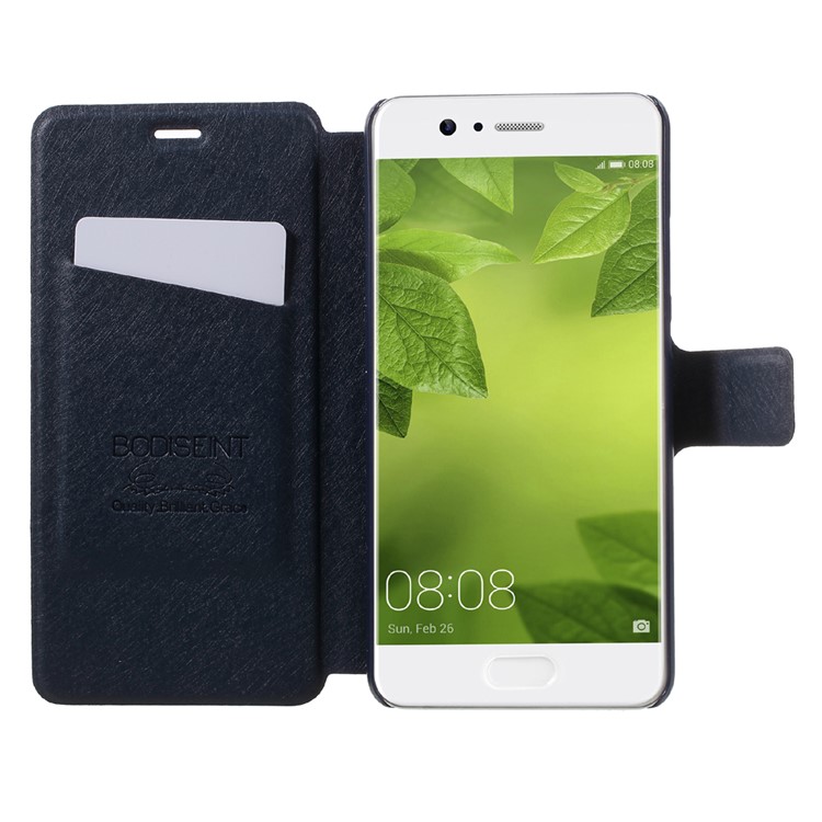 Silk Texture Stand Card Slot Leather Mobile Shell for Huawei P10 - Dark Blue-6