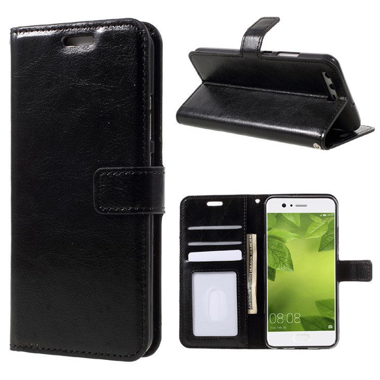Crazy Horse ID/Credit Card Slots Leather Cellphone Case with Lanyard for Huawei P10 - Black-1