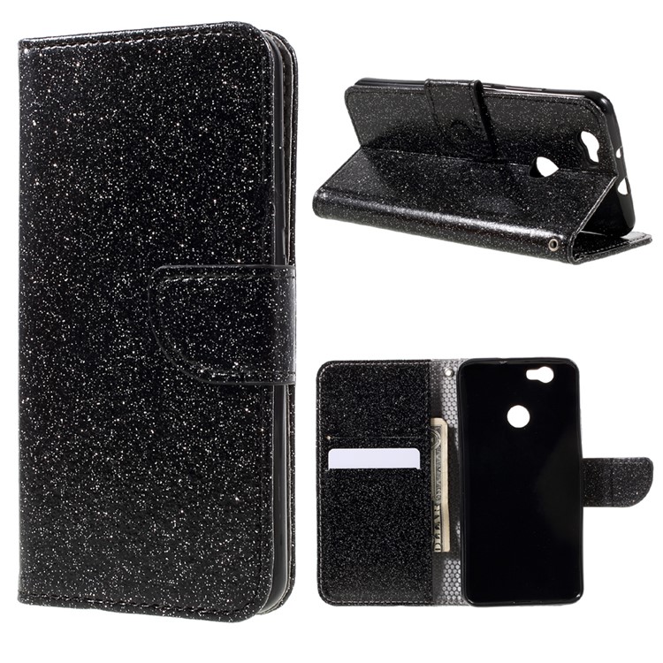Glittery Smooth Leather Wallet Smartphone Case for Huawei Nova - Black-1