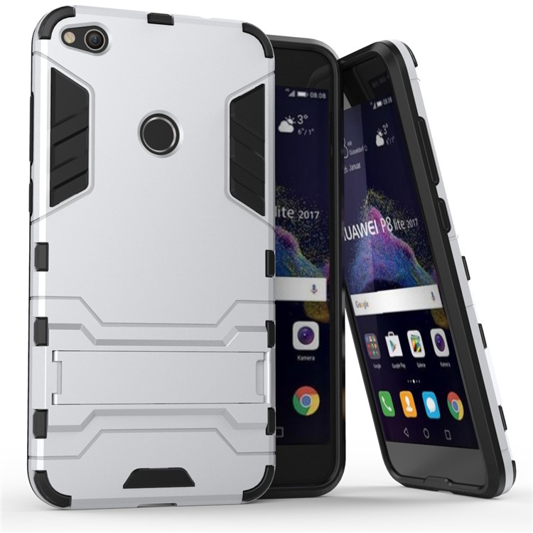 Plastic + TPU Hybrid Case with Kickstand for Huawei P8 Lite (2017)/Honor 8 Lite - Silver-1