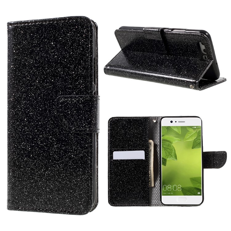 Flash Powder Leather Wallet Cell Phone Case for Huawei P10 - Black-1