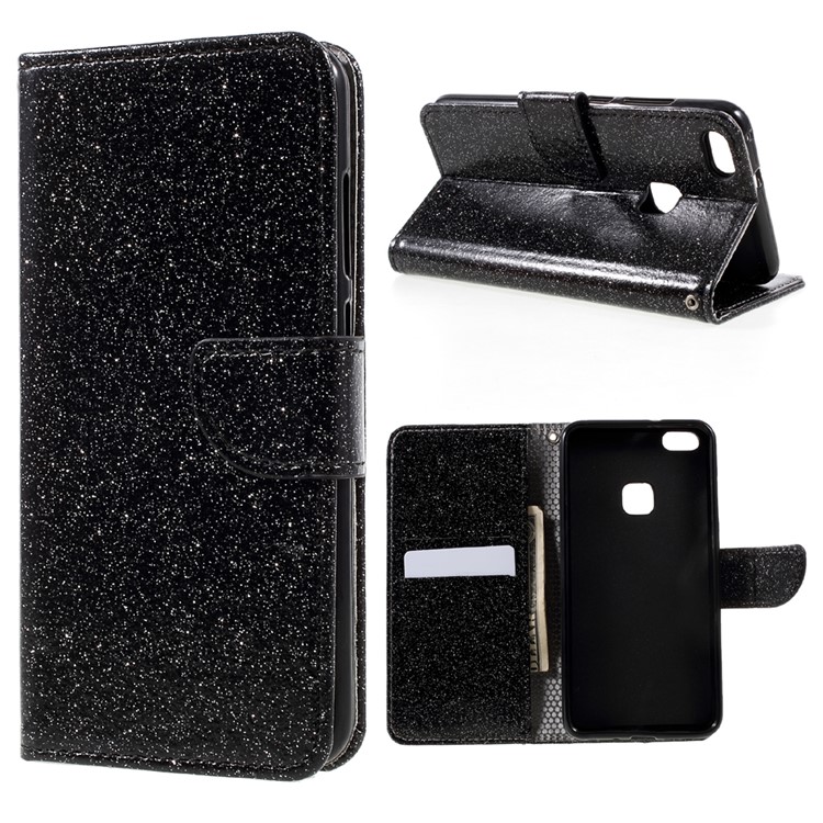 Glittery Smooth Wallet Leather Stand Flip Cell Phone Case for Huawei P10 Lite - Black-1