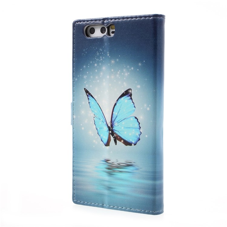 Patterned Leather Stand Card Slots Cover for Huawei P10 - Shiny Blue Butterfly-2