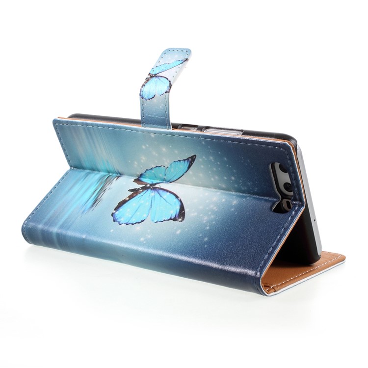 Patterned Leather Stand Card Slots Cover for Huawei P10 - Shiny Blue Butterfly-5