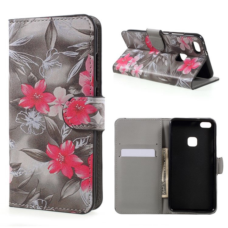 Patterned Leather Wallet Stand Mobile Phone Case for Huawei P10 Lite - Red Blooming Flowers-1