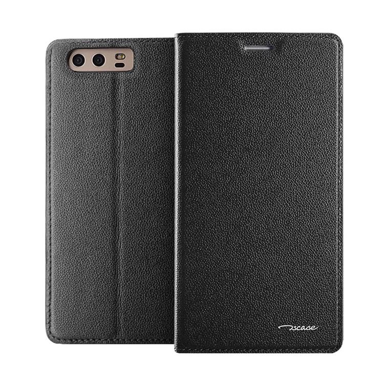 TSCASE Litchi Skin Genuine Leather Flip Stand Case for Huawei P10 - Black-3