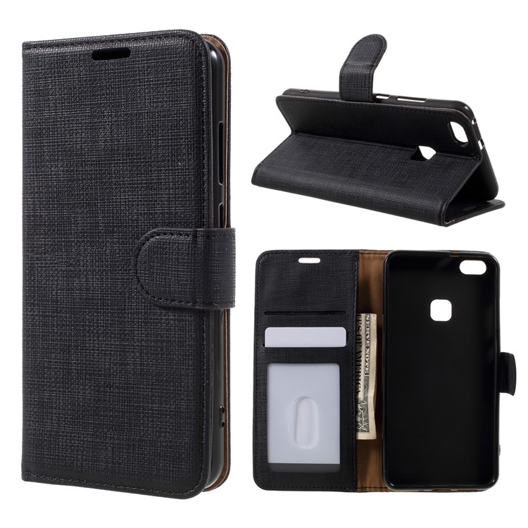 Cloth Texture Leather Wallet Stand Case for Huawei P10 Lite - Black-1