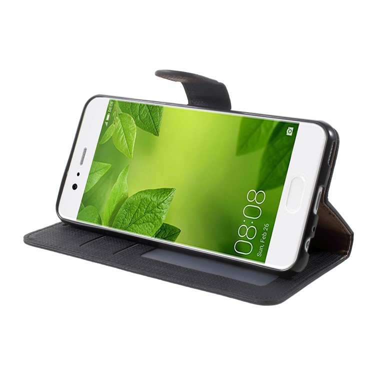 Cloth Texture Flip Stand Leather Wallet Cover for Huawei P10 - Black-4