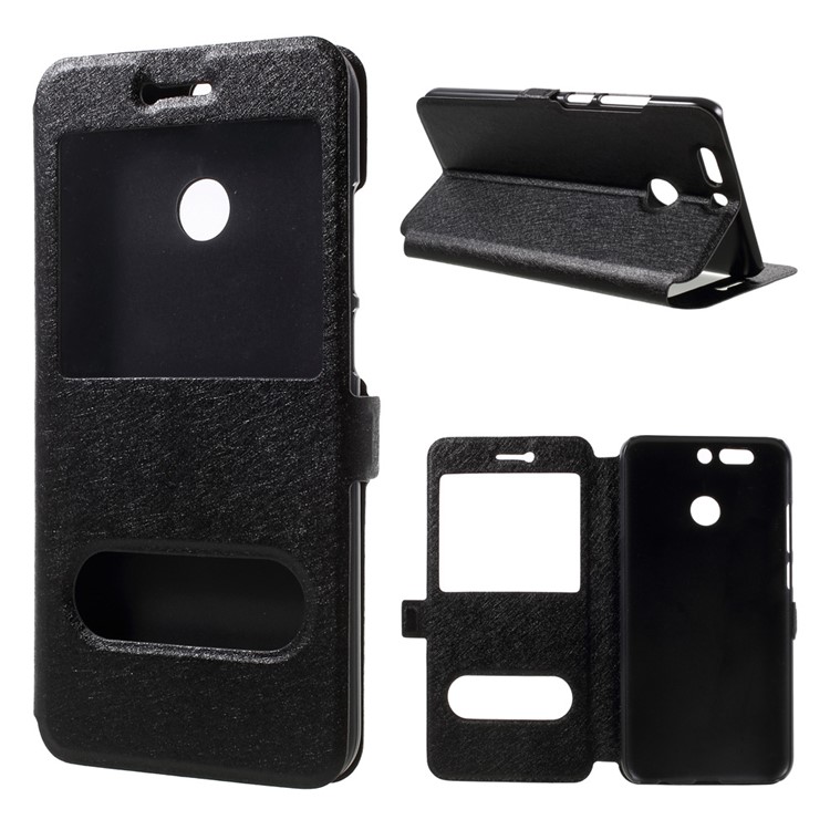 Silk Texture Double Window Leather Stand Flip Case for Huawei Honor V9 / Honor 8 Pro - Black-1