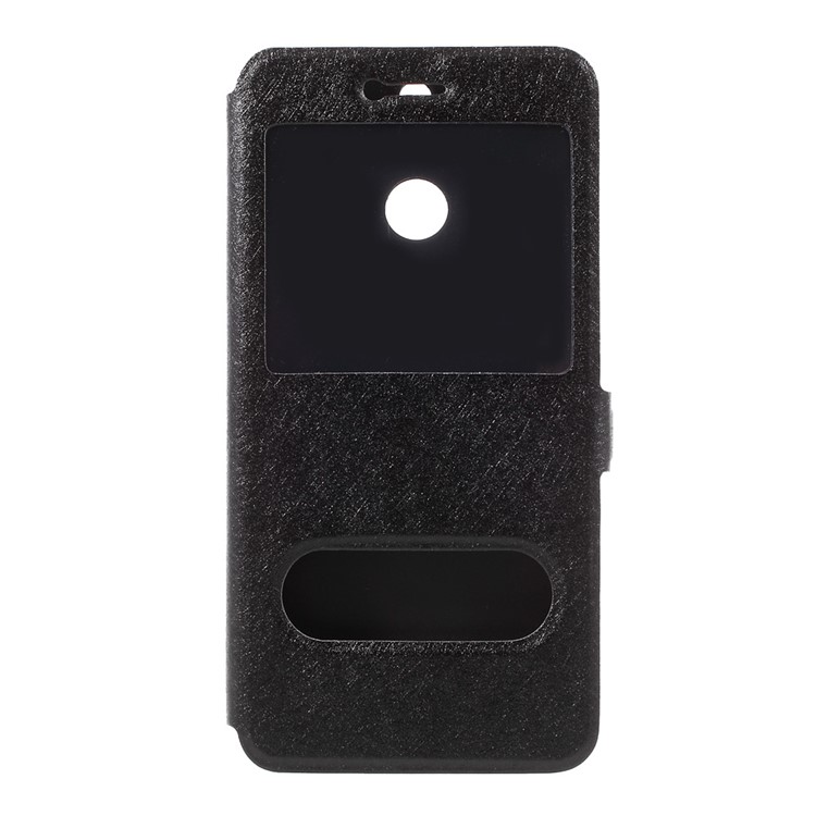 Silk Texture Double Window Leather Stand Flip Case for Huawei Honor V9 / Honor 8 Pro - Black-3