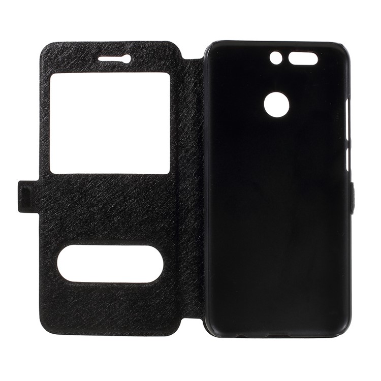 Silk Texture Double Window Leather Stand Flip Case for Huawei Honor V9 / Honor 8 Pro - Black-6