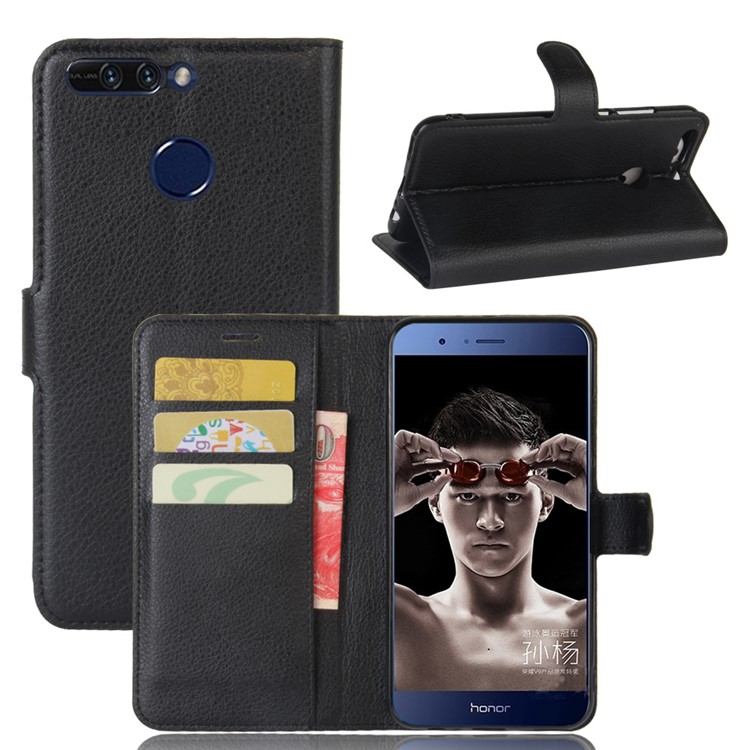 Litchi Grain Card Holder Wallet Leather Case for Huawei Honor 8 Pro / Honor V9 - Black-1