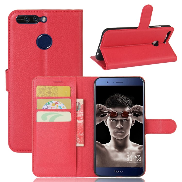 Litchi Grain PU Leather Wallet Phone Case for Huawei Honor 8 Pro / Honor V9 - Red-1