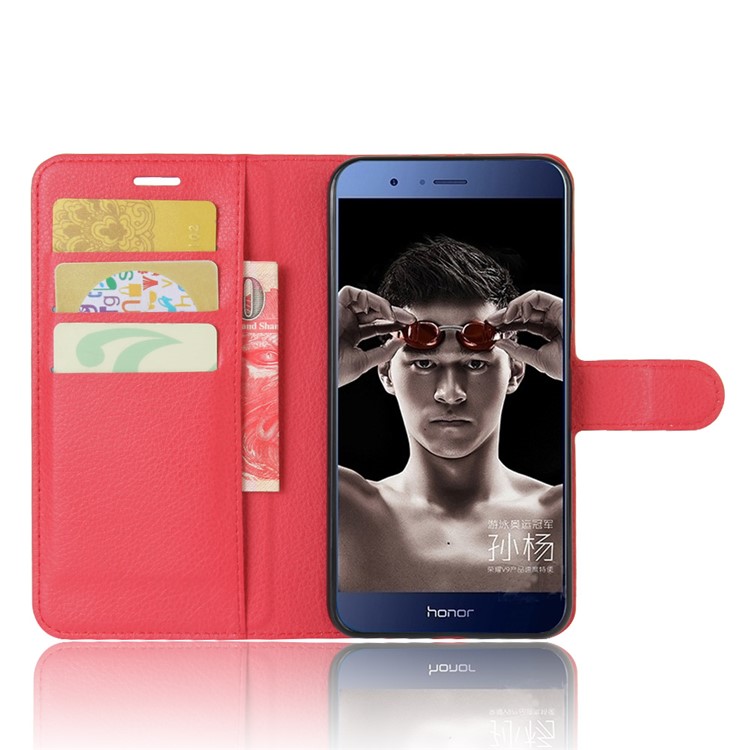 Litchi Grain PU Leather Wallet Phone Case for Huawei Honor 8 Pro / Honor V9 - Red-4