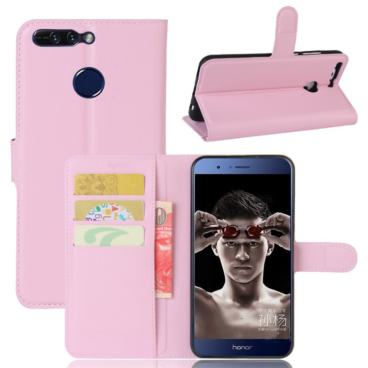 Litchi Grain Wallet Leather Mobile Shell for Huawei Honor 8 Pro / Honor V9 - Pink-1