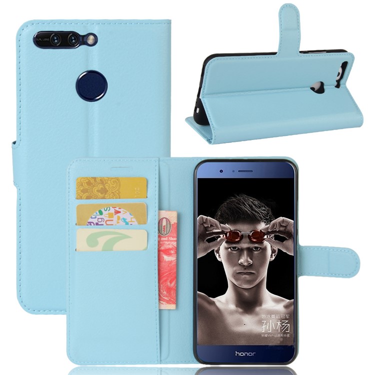 Litchi Grain Wallet Leather Protector Case Stand for Huawei Honor 8 Pro / Honor V9 - Blue-1