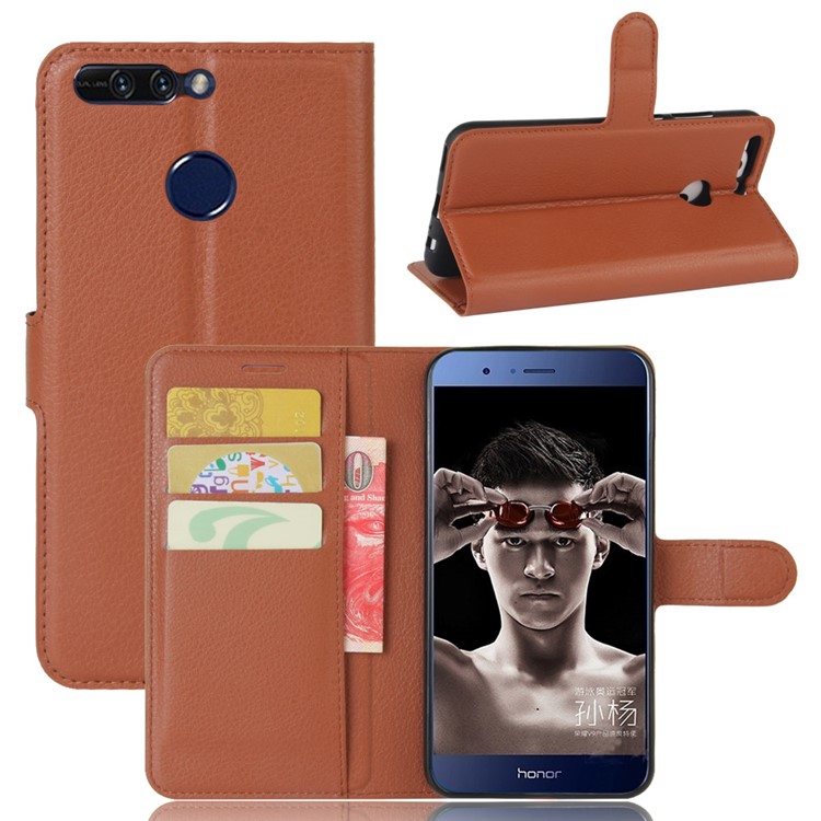 Litchi Grain PU Leather Wallet Cover Case for Huawei Honor 8 Pro / Honor V9 - Brown-1