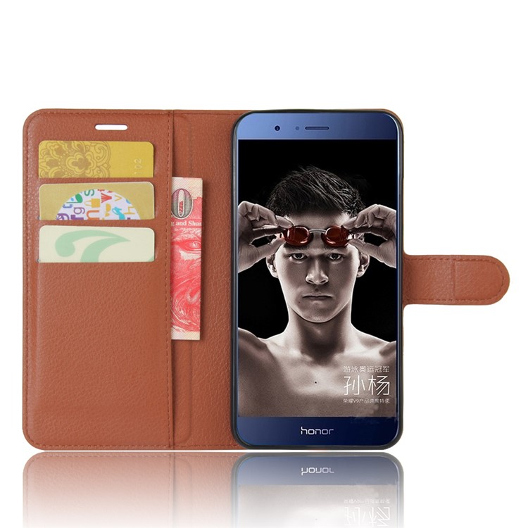 Litchi Grain PU Leather Wallet Cover Case for Huawei Honor 8 Pro / Honor V9 - Brown-4