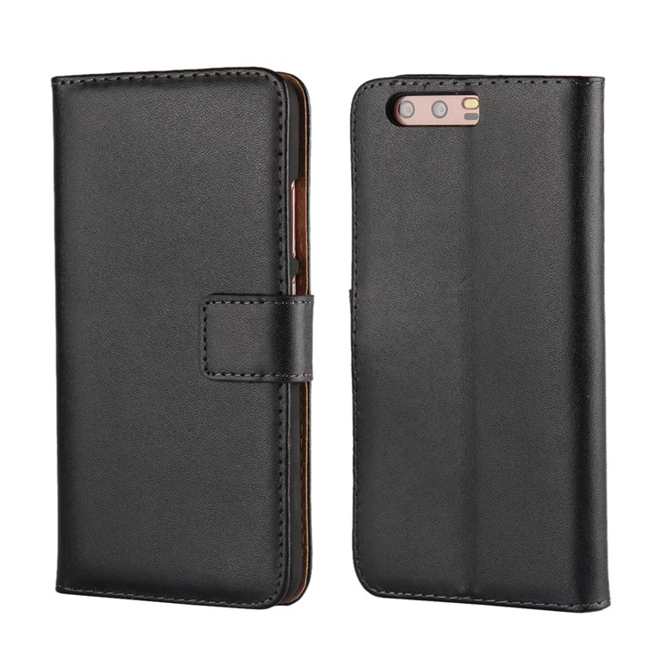 Genuine Split Leather Wallet Stand Mobile Phone Case for Huawei P10 - Black-1