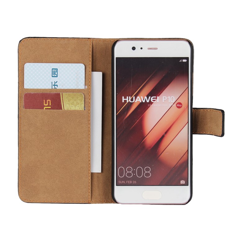 Genuine Split Leather Wallet Stand Mobile Phone Case for Huawei P10 - Black-4