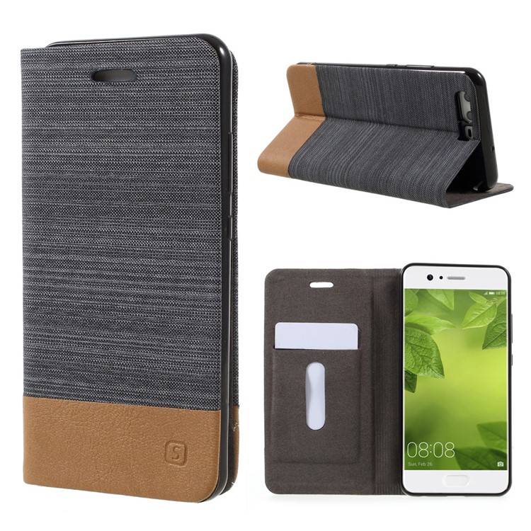 Bi-color Canvas Leather Card Holder Phone Case for Huawei P10 - Dark Grey-1