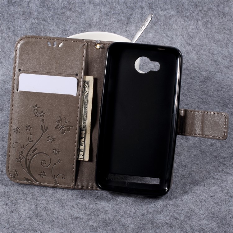 Butterfly Flower Imprinted Leather Case with Lanyard for Huawei Y3II / Y3 II - Grey-10