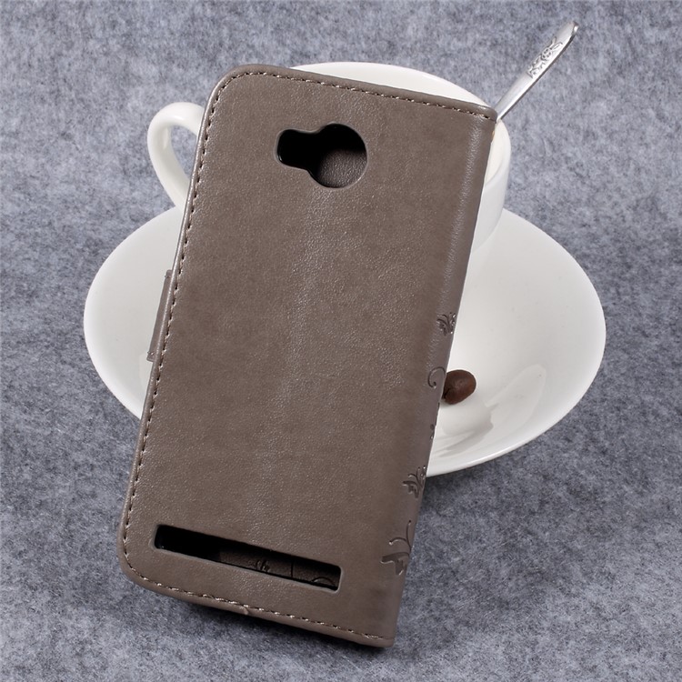 Butterfly Flower Imprinted Leather Case with Lanyard for Huawei Y3II / Y3 II - Grey-2