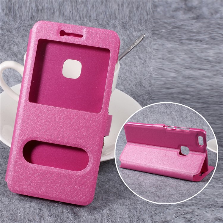 Silk Texture Double Window Leather Stand Flip Cell Phone Case for Huawei P10 Lite - Rose-1