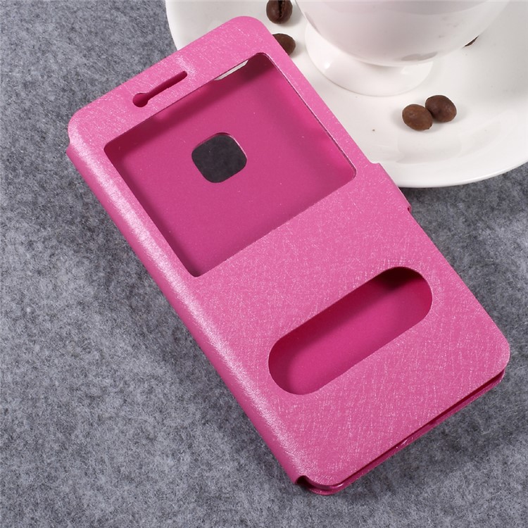 Silk Texture Double Window Leather Stand Flip Cell Phone Case for Huawei P10 Lite - Rose-3