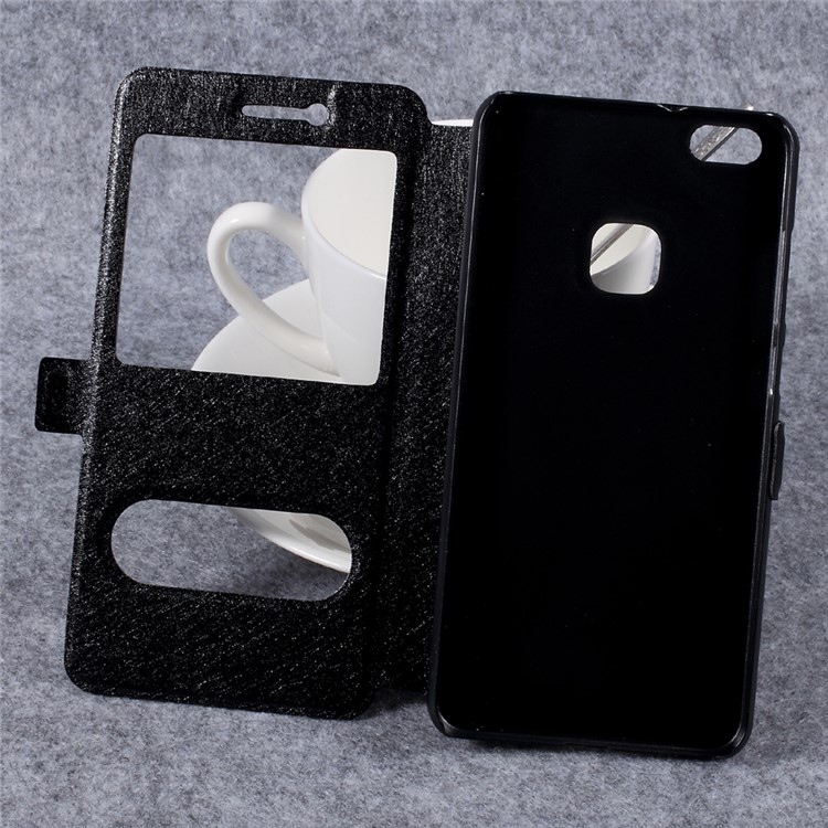 Silk Texture Double Window Leather Stand Flip Mobile Phone Case Cover for Huawei P10 Lite - Black-8