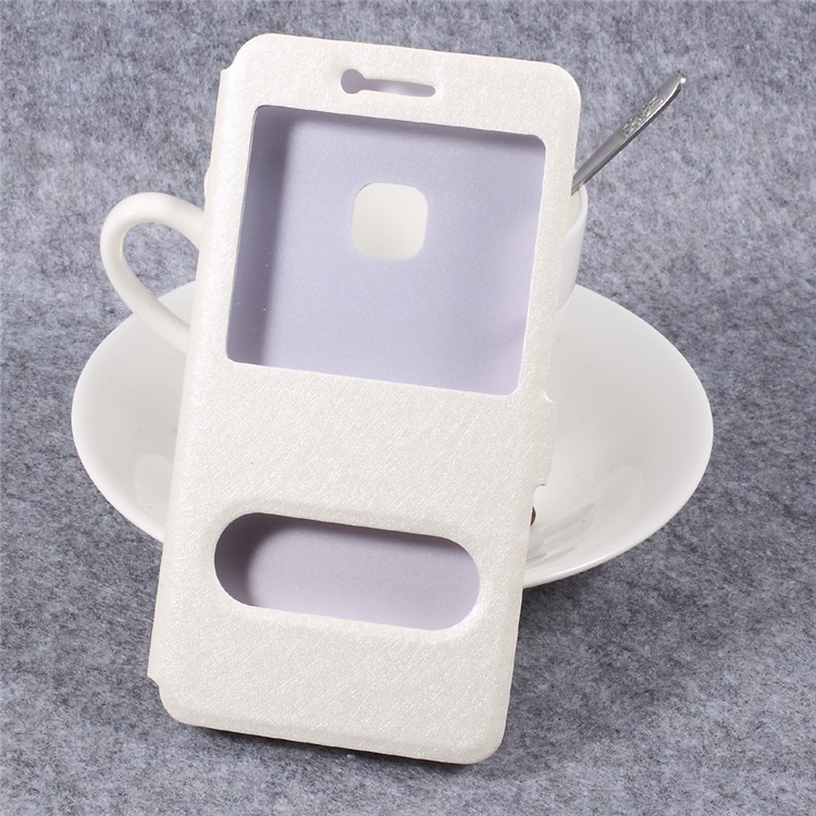 Silk Texture Dual Windows Leather Phone Shell Case with Holder for Huawei P10 Lite - White-1